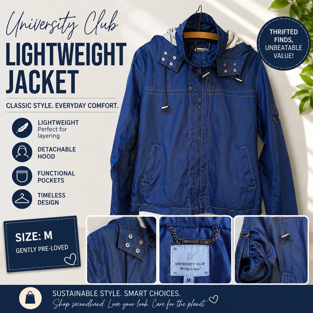 University‎ Club Womens Blue Lightweight Hooded Windbreaker Jacket Size M